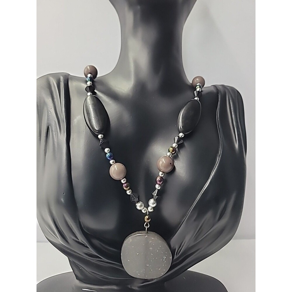 Boho Beaded Necklace Gray Speckled Pendant Mixed Bead Statement‎ Jewelry
